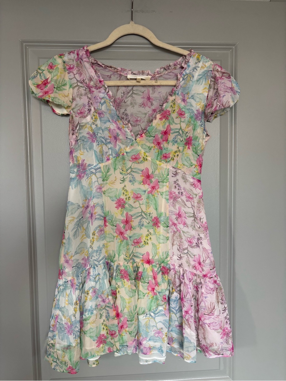 LOVESHACKFANCY Russ Silk Floral Print Mini Dress. Pink, Blue and Yellow print. - Picture 11 of 16
